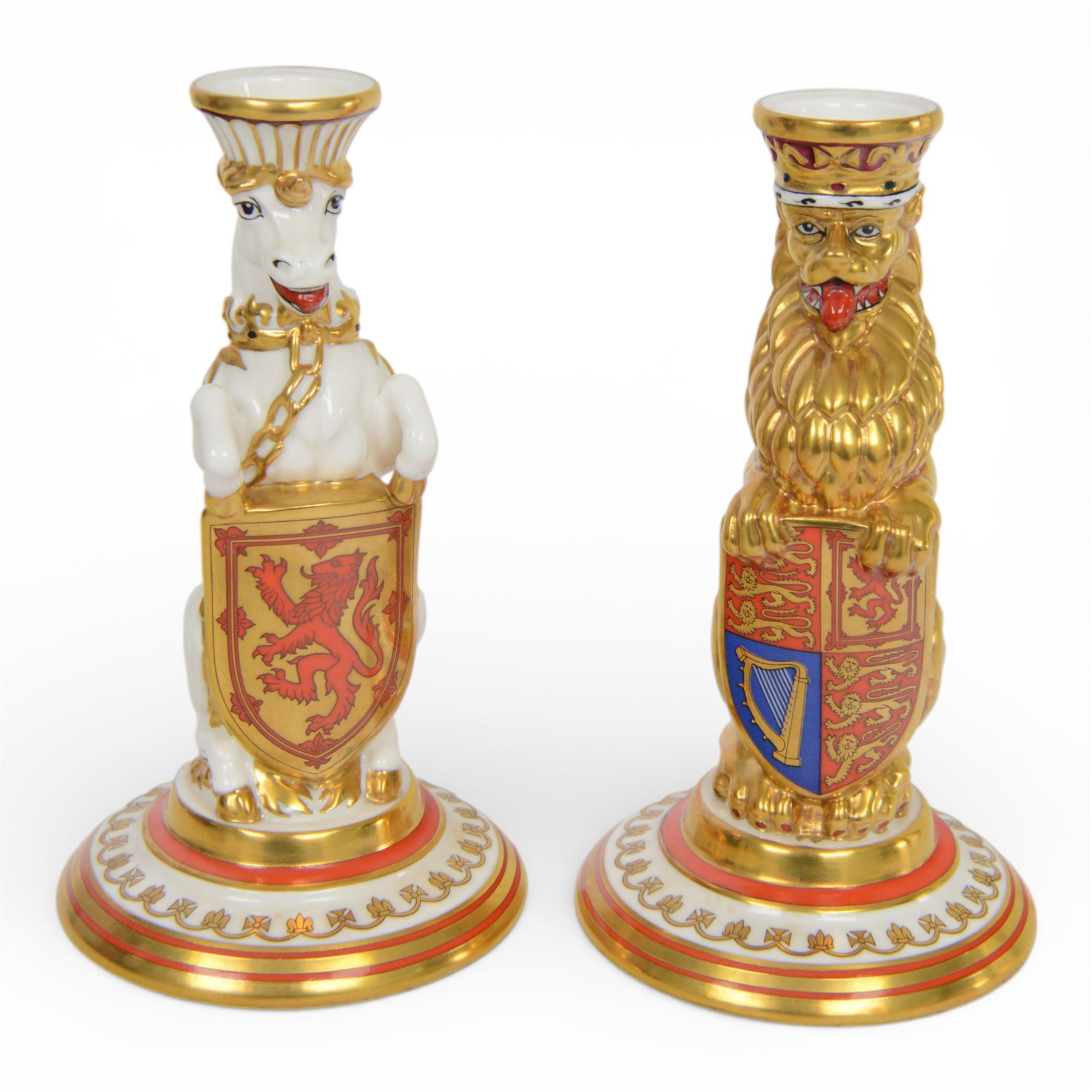 Pair of Minton Mulberry Hall , Queens Beasts silver jubilee commemorative candlesticks, with certificate 180/250, H16cm