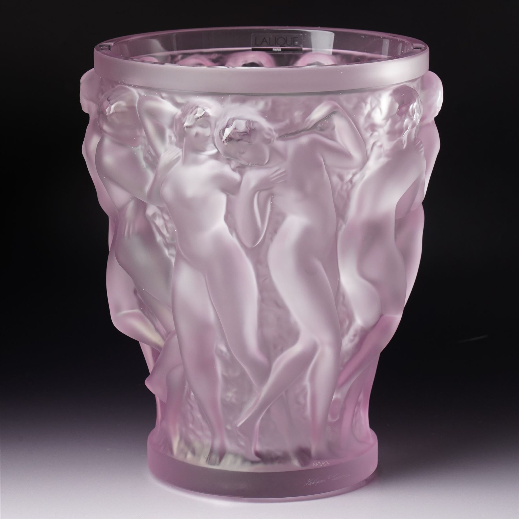 Lalique Bacchantes pattern frosted and clear pink glass vase signed 'Lalique France' H25cm in original pink Lalique box with guarantee etc