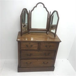 Early 20th century mahogany chest, two short and two long drawers, plinth base (W90cm, H85cm, D45cm) and three piece dressing mirror