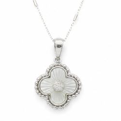 Silver cubic zirconia and mother of pearl flower head pendant necklace, stamped 925