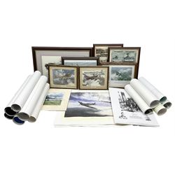Collection of twenty-one unframed and seven framed prints of predominantly aviation interest after David Pritchard, Brian Petch, Stephen Teasdale, Barry Price, Coulson, Wardle etc; depicting Spitfires, Hurricanes etc; some limited editions with certificates and many bearing multiple signatures on the mount