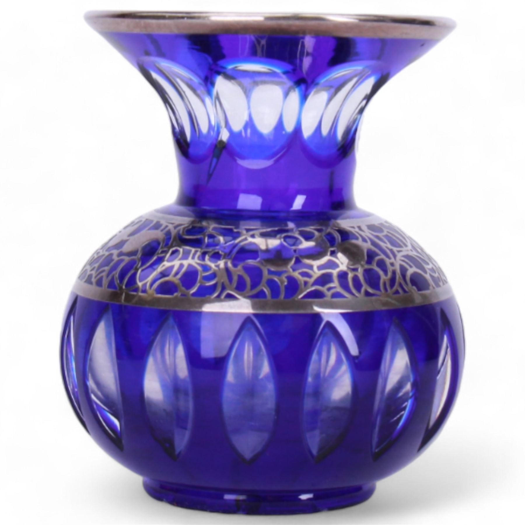 Friedrich Deusch, miniature cut blue glass vase with flared rim, and and silver overlay of foliate sprays, H8cm 