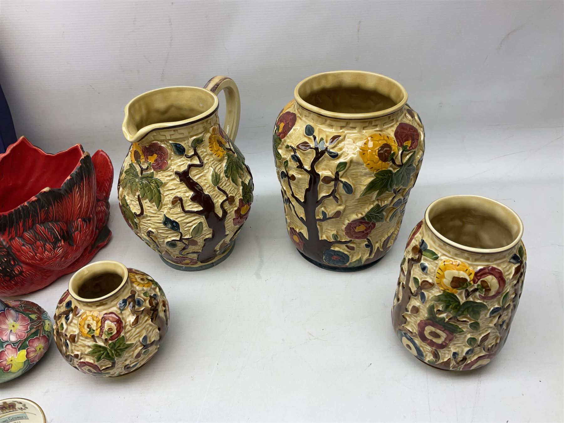 Tony Wood Indian Tree pattern jug and three vase, together with pair of Old Tupton Ware square baluster vases, and other ceramics, in two boxes
