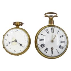 George III gilt verge fusee pocket watch by William Brown, London, No. 219, round baluster pillars, white enamel dial with Arabic numerals, bull's eye glass and one other gilt verge fusee front wound pocket watch (2)