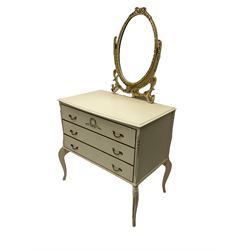 French style cream and gilt dressing chest, oval swing mirror, fitted with three drawers