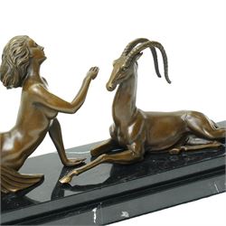 After Pierre Le Faguays (French 1892-1962): 'The Seduction' - Diana with Gazelle, bronze signed Milo, on two tier base, overall W48cm 