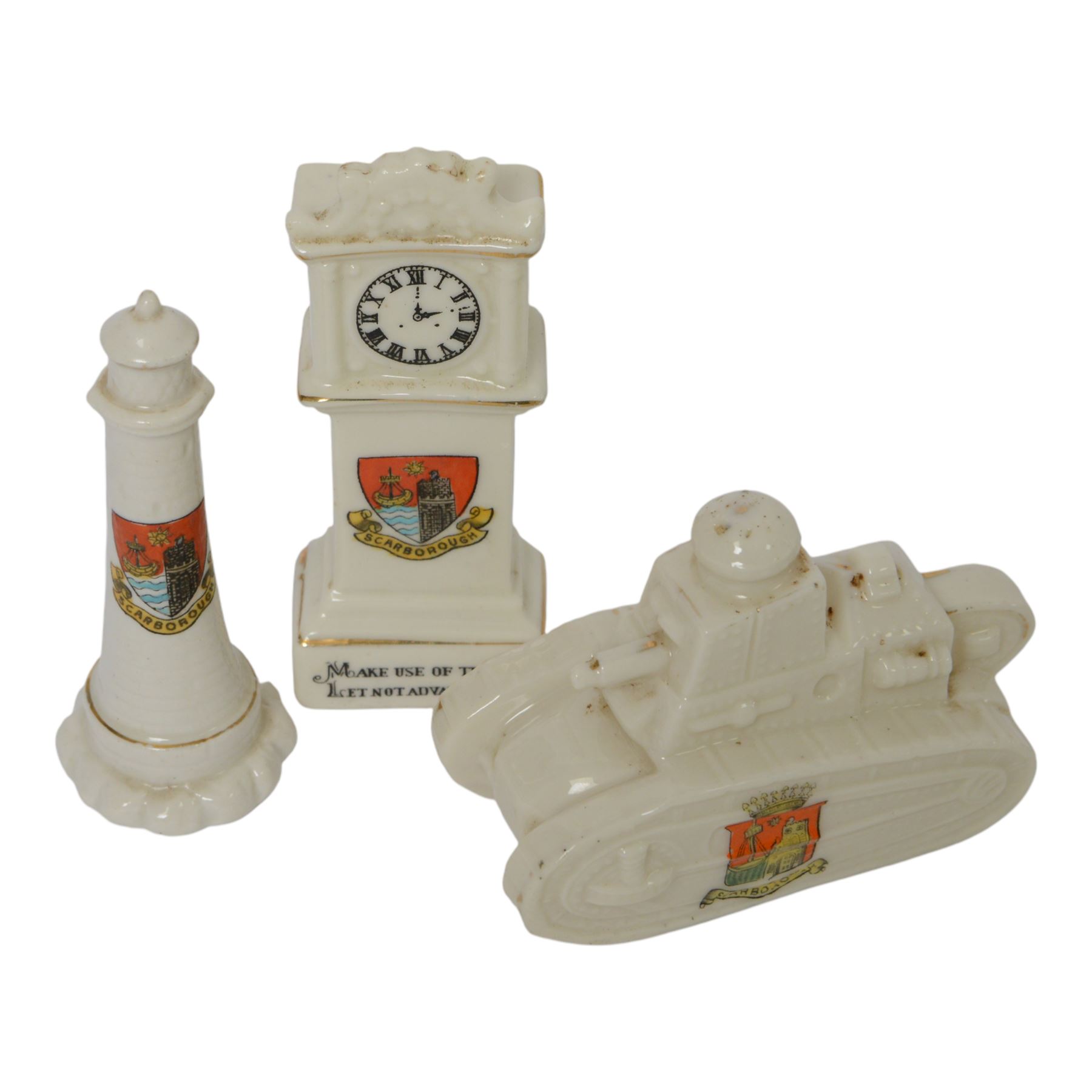 Scarborough Crested Ware including, tanks, a grenade, plane, canon, Scarborough castle, lobster pot, camera etc   