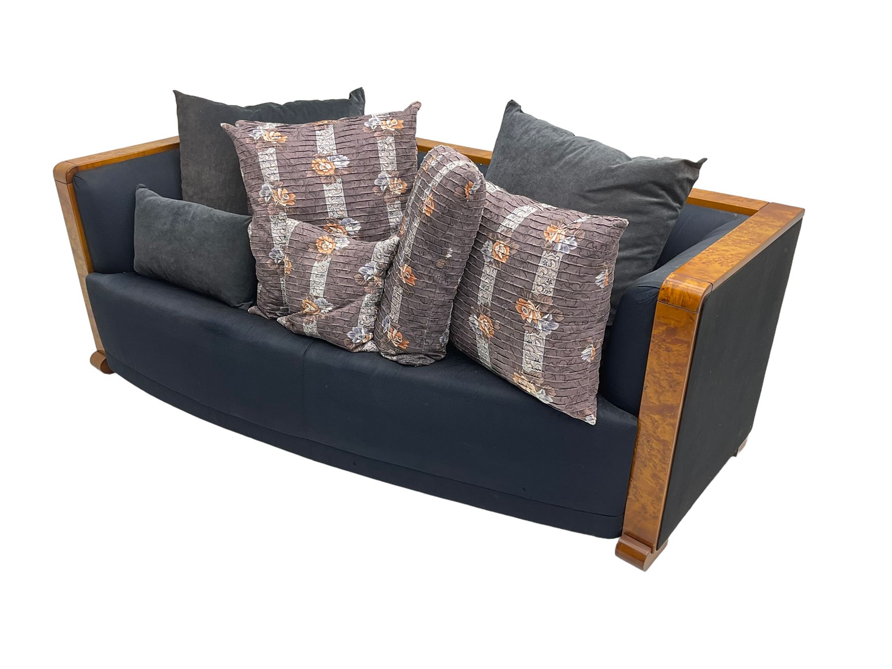 Thörmer Polstermöbel - Art Deco style sofa, of curved tapering form, framed in figured burr elm, upholstered in blue fabric with loose cushions