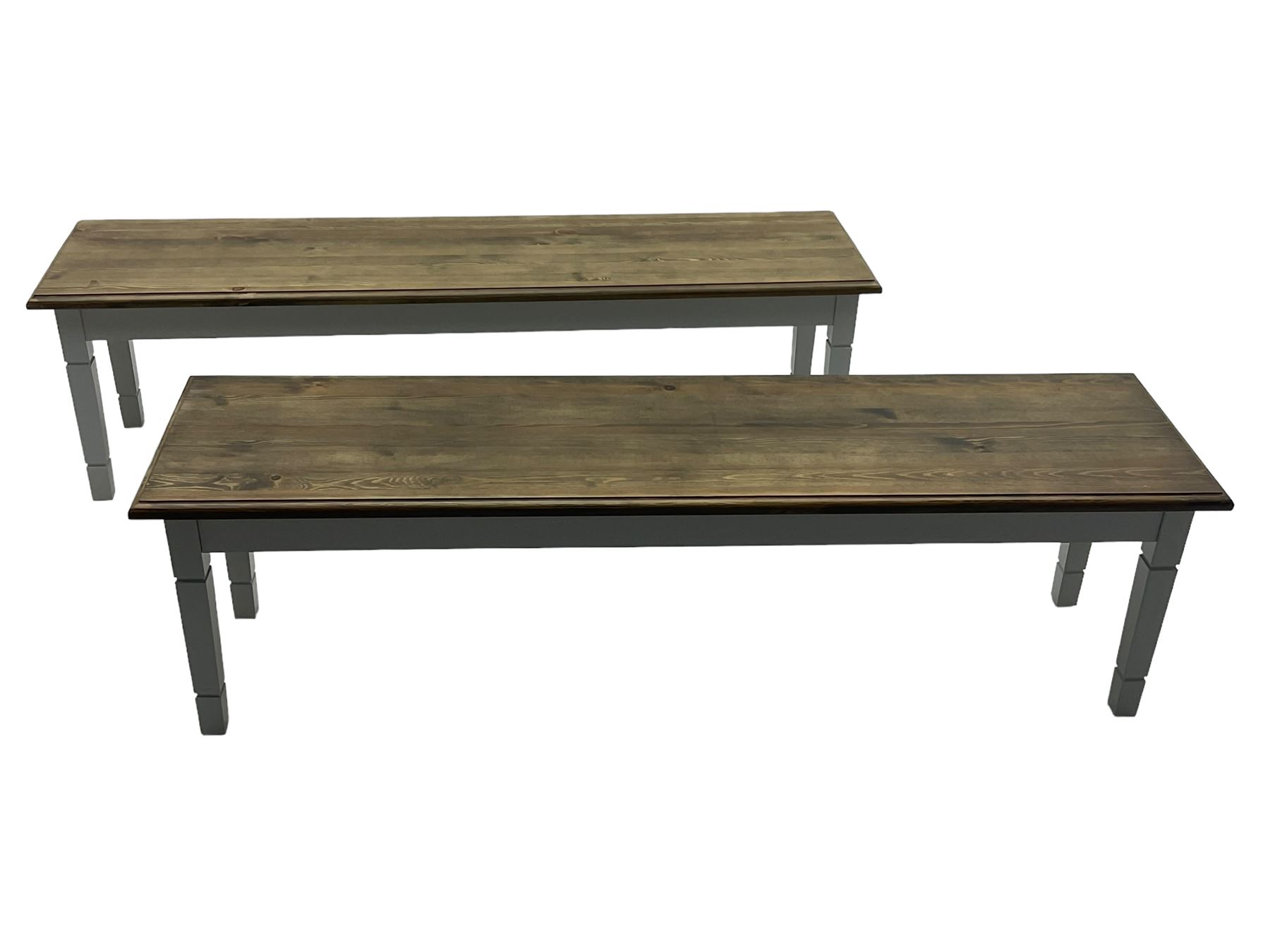 Pine kitchen dining table, rectangular moulded top on painted base, square tapering supports (180cm x 85cm, H78cm); and two matching benches 