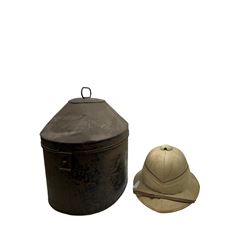 WWII Royal Navy officers sun helmet with large folded pagri and black top line, interior with green cloth covering to the peaks and original leather sweatband, with makers label 'Gieves Ltd London', with its original storage tin with indistinct painted lettering to the front 