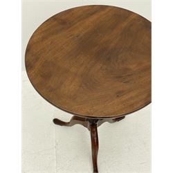 George III mahogany tripod table, circular figured top on collar turned stem, three splayed supports with spade feet