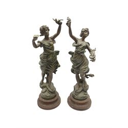 A pair of spelter figures, after Guillemin, Le Message, and Ondine, one example holding a dove and envelope aloft, the other holding a lyre and flower, largest H40cm.