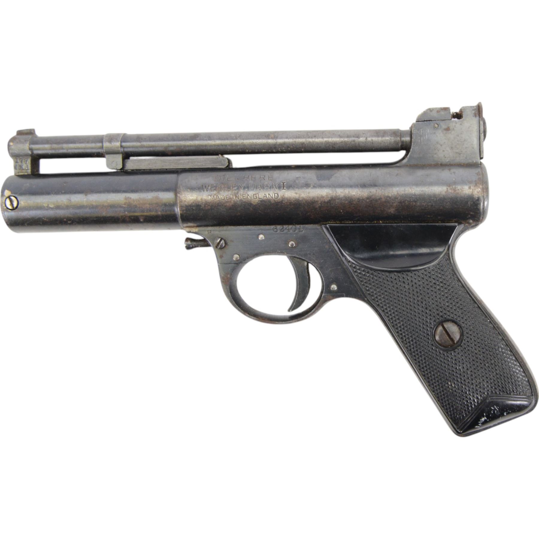 Webley Mark I .177 air pistol, serial number 26401, the air chamber marked 'Webley Mark I Made in England, Webley & Scott Ltd Birmingham Patented Gt Britain No 219872 and all Principle Countries', with checkered grip, H14cm, L19cm

