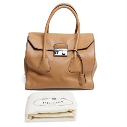 Prada - ‘Sound Lock’ satchel in Naturale Glace Calf leather, with silver-tone push-lock fastening, twin rolled handles, detachable and adjustable shoulder strap and hanging leather clochette, with original product tag, authenticity cards and dust bag