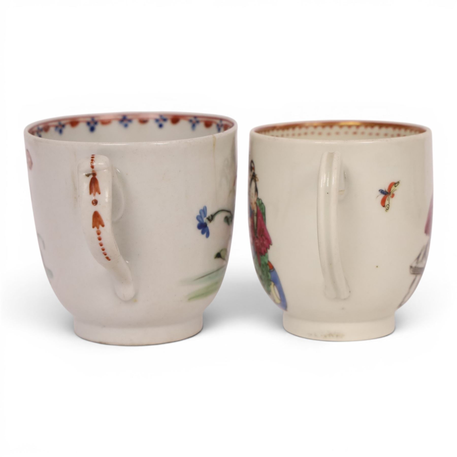 18th/ 19th century chinoiserie decorated porcelain including two New Hall tea bowls and a coffee cup in Boy and the Windmill pattern, Worcester Mandarin coffee cup and Liverpool tea bowl 