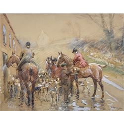 John Atkinson (Staithes Group 1863-1925): A Stirrup Cup before the Hunt on a Wet Winter Day, watercolour heightened with white signed 30cm x 38cm