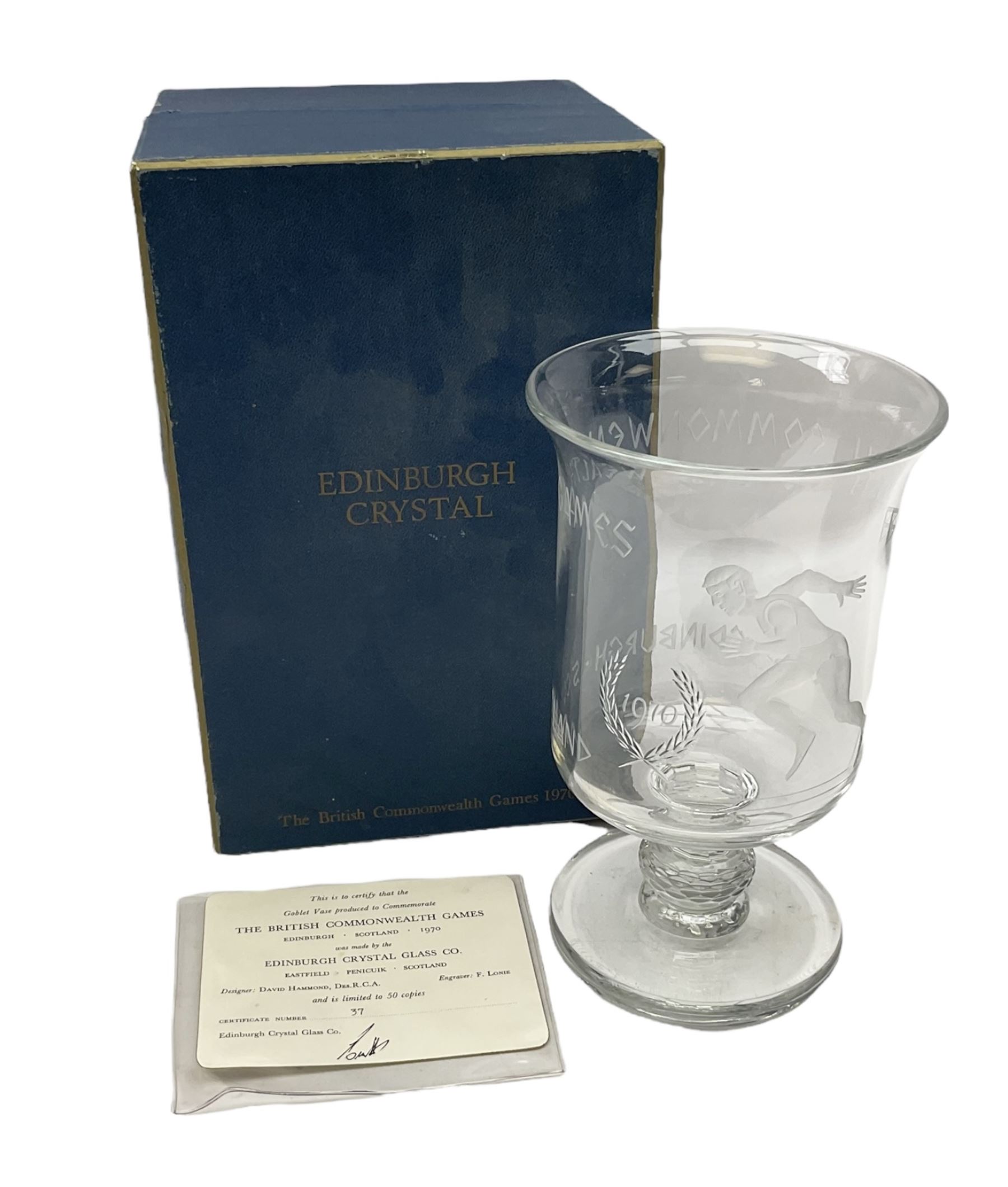 Edinburgh Crystal British Commonwealth Games 1970 goblet vase
Edinburgh crystal goblet vase commemorating the British Commonwealth Games 1970, designed by David Hammond, engraved by F.Lonie, no.37 of 50, with box, H23cm