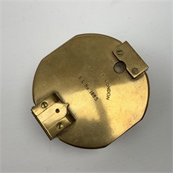 Brass Natural Sine type compass with spirit levels to the dial, bears name of Stanley, D8cm, in earlier mahogany box; brass pocket sextant of drum shaped form, the screw top marked Stanley London; small brass cased compass with pedestal tripod base; and Glass Developments Ltd. hahogany and brass spirit level L31cm (4)