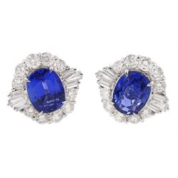 Pair of 18ct white gold oval sapphire, round and tapered baguette diamond stud earrings, total sapphire weight approx 4.50 carat, total diamond weight approx 1.90 carat