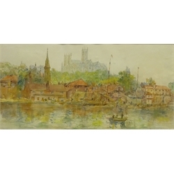  Mary Weatherill (British 1834-1913): Lincoln Cathedral from Brayford Pool, watercolour attributed and initialled by her brother Richard 20cm x 40cm  
