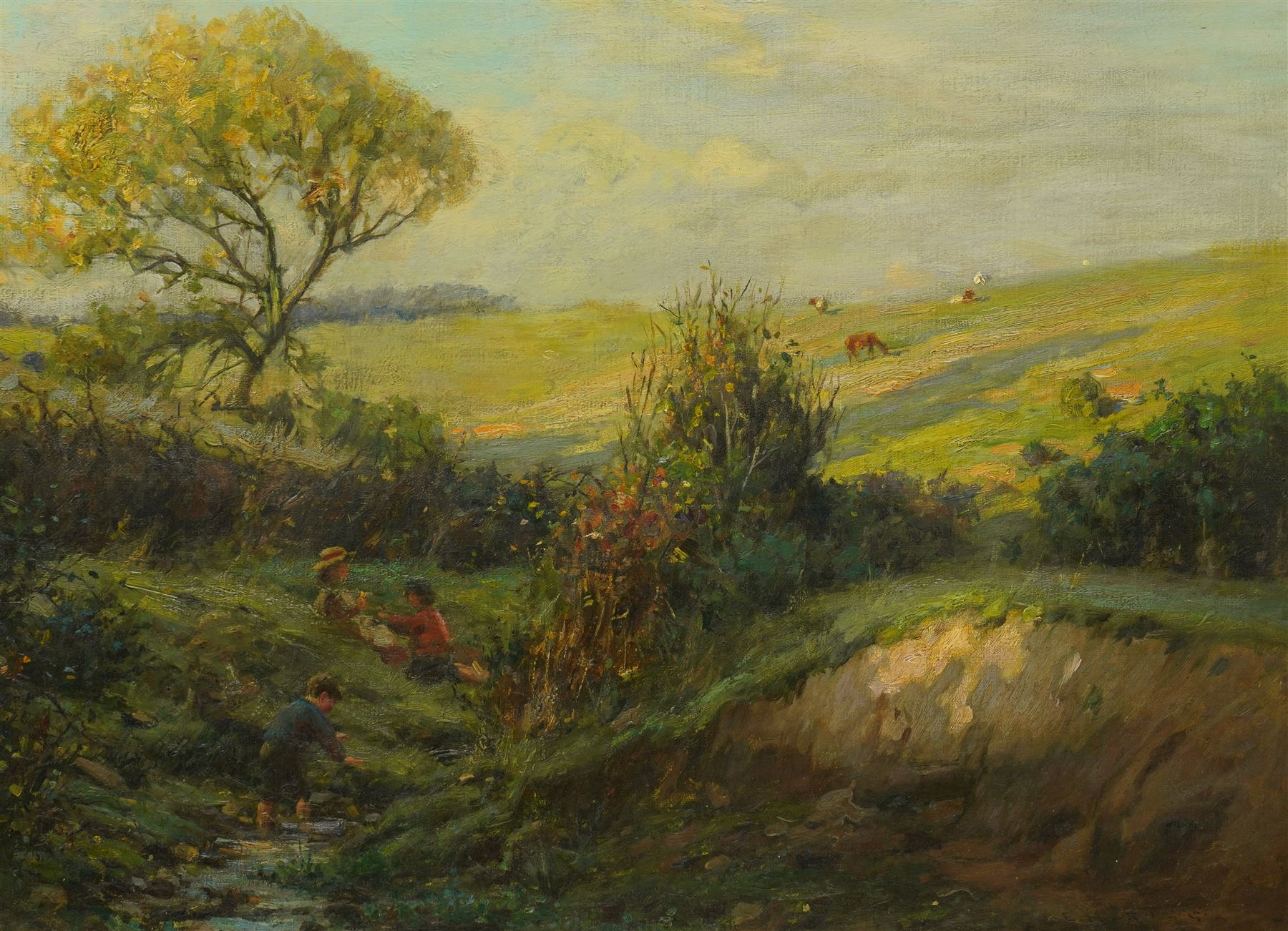 Ernest Higgins Rigg (Staithes Group 1868-1947): Children Playing in a Stream near Staithes, oil on canvas signed 50cm x 67cm