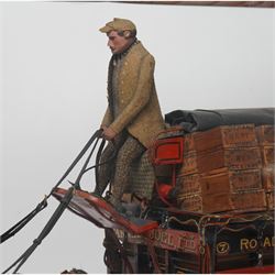 Victorian scratch built advertising model for Barnett Joel Ltd, by George Ivory  dated 1894, modelled as a horse drawn delivery wagon within a glazed display case, the hand painted cart laden with 'Best wick kippers' from various suppliers, pulled by two carved and dapple grey painted horses in full rig, upon a sanded base, with hand written makers label