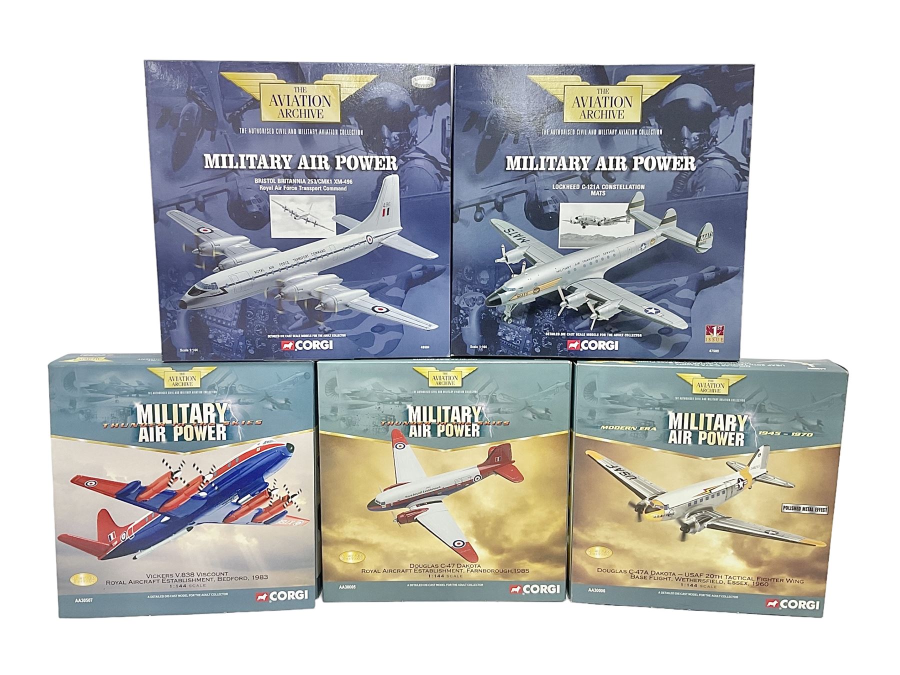Corgi - Aviation Archive, five ‘Military Air Power’ 1:144 scale models comprising first issue 47509 Lockheed C-121A Constellation Mats; limited edition 48604 Bristol Britannia 253/CMK1 XM-496 Royal Air Force Transport Command limited edition no.1863/2700; two limited edition Thunder in the Skies models AA30005 Douglas C-47 Dakota no.1093/1900, and AA30507 Vickers V.838 Viscount no.1366/1500; limited edition AA30006 Modern Era Douglas C-47A Dakota - USAF 20th Tactical Fighter Wing no.639/1400; all boxed 