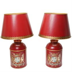 Pair of late 20th century tole peinte tea canister electric table lamps decorated with the...