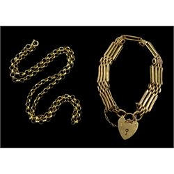 Gold gate bracelet , with heart lock clasp and a gold belcher link chain necklace, both 9ct