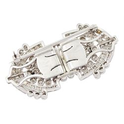 Early - mid 20th century platinum diamond brooch / hair clips, each clip set with round and baguette cut diamonds, in an openwork setting, joined by a 9ct white gold detachable brooch, total diamond weight approx 2.35 carat