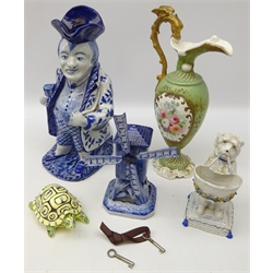  19th century Delft blue and white toby jug, H28cm, Delft windmill ornament, Copeland & Garrett porcelain ewer and other decorative ceramics (5)  