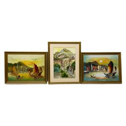 Chinese School (20th century): Junk Sailing Near Shore, pair oils on canvas laid onto board indistinctly signed together with a watercolour of Taormina (Sicily), two eastern original pictures and two tapestries max 29cm x 39cm (7)