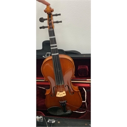 Three modern graduated violins - Suzuki 1/10 size child's violin with 23.5cm single piece back, bears label serial no.94282, 40cm overall; copy of Antonius Sradivarius of Cremona violin dated 1998 with 28cm two-piece back, 47cm overall; and Strobel violin with 35.5cm two-piece back, bears label dated 2006, serial no.512801325, 59cm overall. All cased with bows (3)