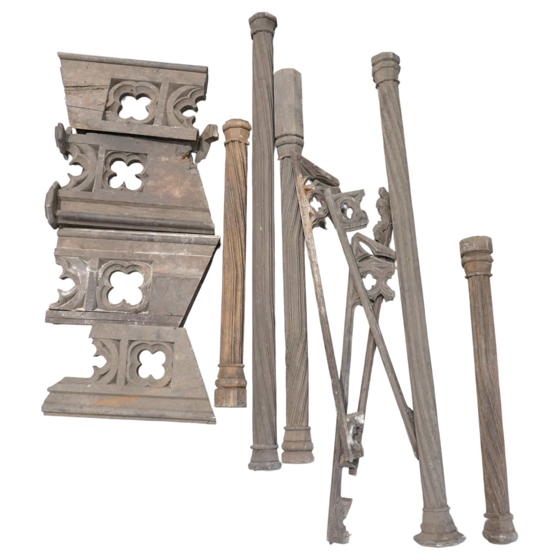 Architectural Salvage - 19th century oak five tread pulpit staircase of curved design with spiral carved pillars and pierced side panels with various additional matching pieces
Note: Removed in the 19th century from the church in the grounds of a private Yorkshire estate 
Provenance: property of a Nobleman