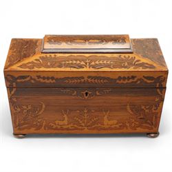 Late Georgian rosewood and maple sarcophagus shape tea caddy inlaid with stags, foliage et...