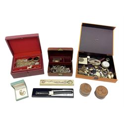 Collection of vintage and later jewellery including necklaces, bracelets, earrings, Waltham Chrome pocket watch and other stone set jewellery, in a tooled red leather jewellery box, together with a Dupont cigarette lighter