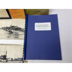 Pair of unframed montages each with images of four WWII fighters with multiple signatures in the bottom margin 42 x 58cm; loose leaf album containing various photographs and signatures, predominantly airmen, including two 1960s menu programmes for the Victoria Cross and George Cross Associations each bearing multiple signatures, limited edition Battle of Britain etc; two WWII Regimental photographs; various military related booklets etc
