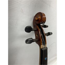 Three Stentor Student violins - three-quarter size with 33cm two-piece back; and two quarter size each with 28cm two-piece back; each in carrying case with bow (3)