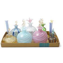 Collection of art glass colourful scent bottles, probably Murano, various with latticinio ...