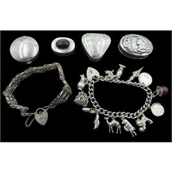 Silver charm bracelet, Art Nouveau style silver pill box, silver stone set pill box and two others and a silver gate bracelet