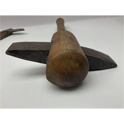 Post-War military type fireman's axe impressed 'PERKS 1953/54' with additional indistinct mark probably WD arrow, ash handle L39cm; and another stonemason's(?) double headed axe with mallet shaped shaft (2)
