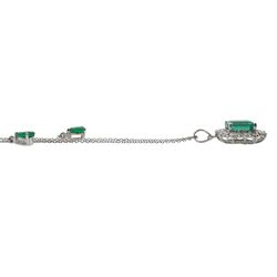 18ct white gold emerald and diamond pendant necklace, with two pear shaped emeralds suspended, emerald cut emerald approx 3.10 carat, stamped 18K 750