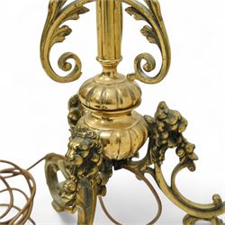 Late Victorian brass standard lamp with shade, slender column with blooming lotus leaf floral base with raised acanthus leaf scrolls above a tripod stand with scroll legs 