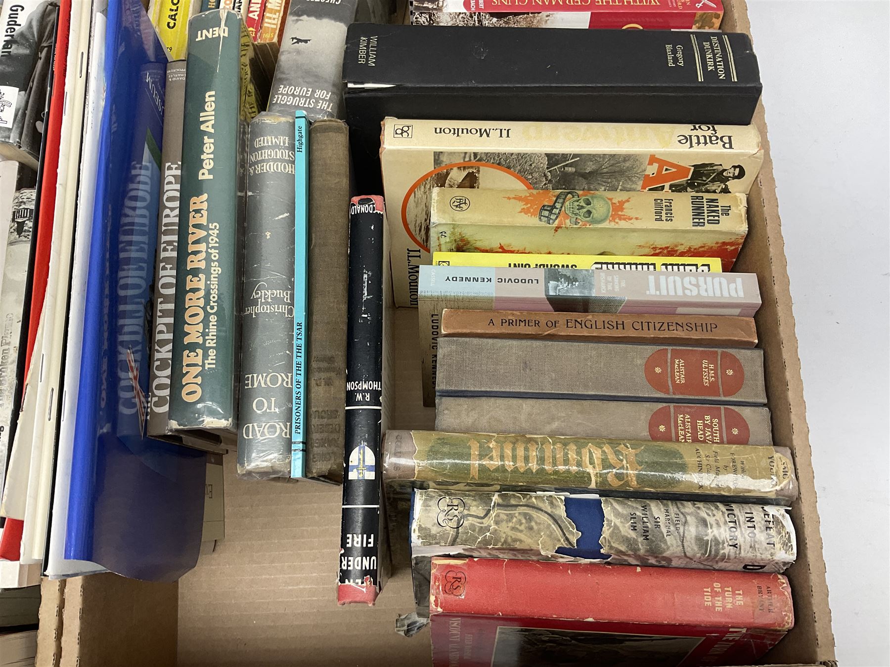 Large collection of hardback and paperback books, mainly military books, to include Band of Brothers, Dawn of D-Day, Dessert Warrior, Book of the Somme, Battle of Britain, etc in four boxes  