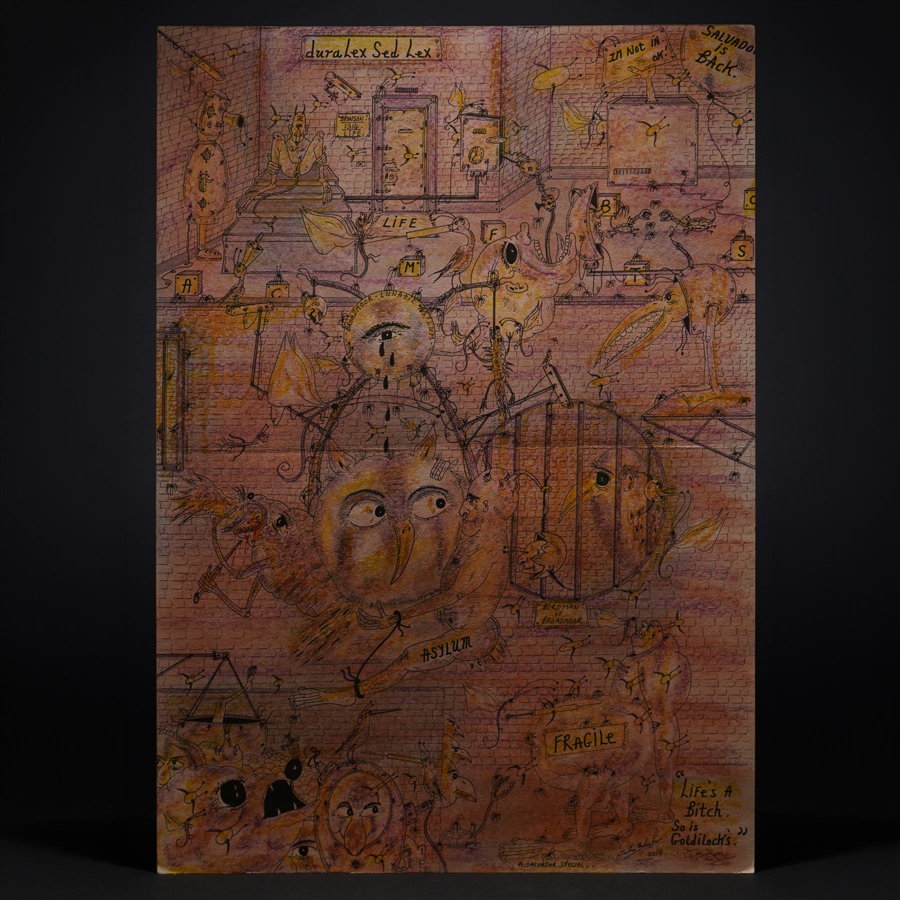 Charles Bronson (Charles Arthur Salvador) (British 1952-): A comprehensive collection of five hundred mixed media works executed between 2000 and 2025. Produced during the artist’s long-term incarceration, the works are primarily in ink, coloured pencil and mixed media on paper. The collection includes multiple formats: A5 (15 works), A4 (308 works), A3 (164 works) and A2 (13 works). Some are signed and dated; a number are executed on the reverse of official prison documents and other repurposed materials, reflecting the limited availability of art materials within the prison environment. This collection represents the largest body of the artist’s work to be offered as a single lot and has not previously been available on the market. (500) (unframed)

Notes: Dated examples span the period from 2000 to 2025, with the greatest concentration produced between 2012 and 2019 and including a group of recent large-scale works from the final years of the period; approximately twenty percent are undated.