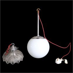 White glass ceiling lights, together with another glass shade  