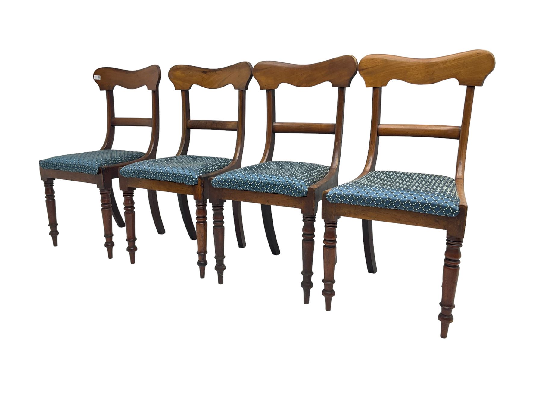 Set four Victorian mahogany dining chairs, shaped cresting rail over centre rail, seat upholstered in blue patterned fabric, raised on turned supports