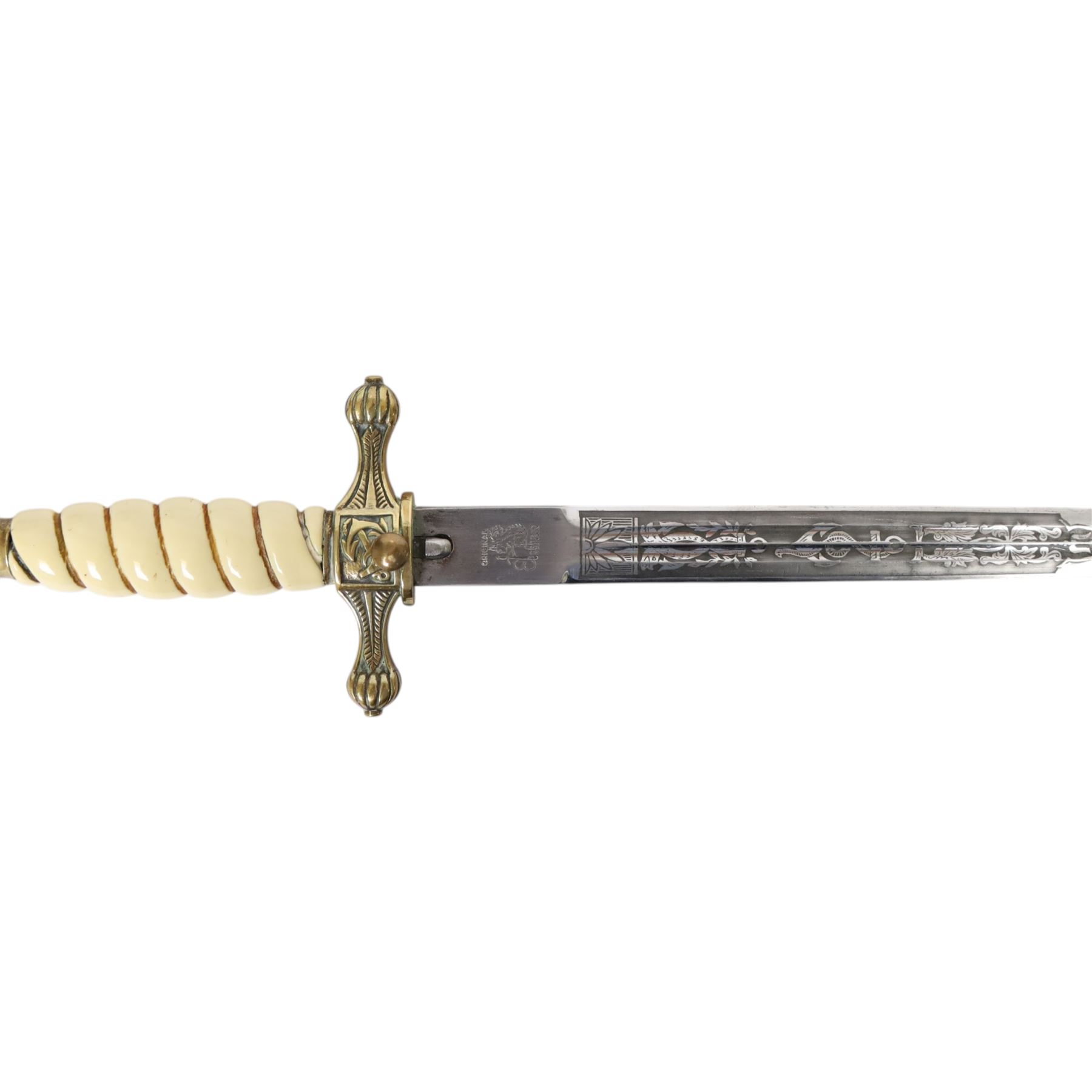 WWII Third Reich Kriegsmarine naval dirk, L25cm double fullered engraved blade, the ricasso marked Eickhorn, Solingen, ivorine celluloid handle and brass scabbard, L42cm