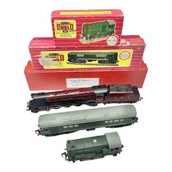 Hornby Dublo - 2-rail - 0-6-0 Diesel Electric Shunting locomotive No.D3302 with instructions; Met-Vic Diesel Co-Bo locomotive No.D5702; both in BR green in original boxes; and re-named 4-6-2 locomotive 'Duchess of Abercorn' No.6234 in LMS red; in modern unassociated plain red  box (3)