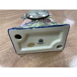 Old Tupton Ware floral decorated mantle clock, Wade Festival jug, Winsor tea wares and other ceramics, together with a collection of silver plate including blue glass lined salts, cutlery sets etc, two boxes 